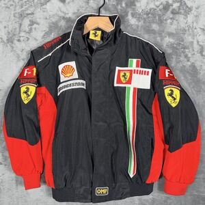 Ferrari Kids F1 Racing Bomber Jacket XL Black Red Vintage Shell OMP